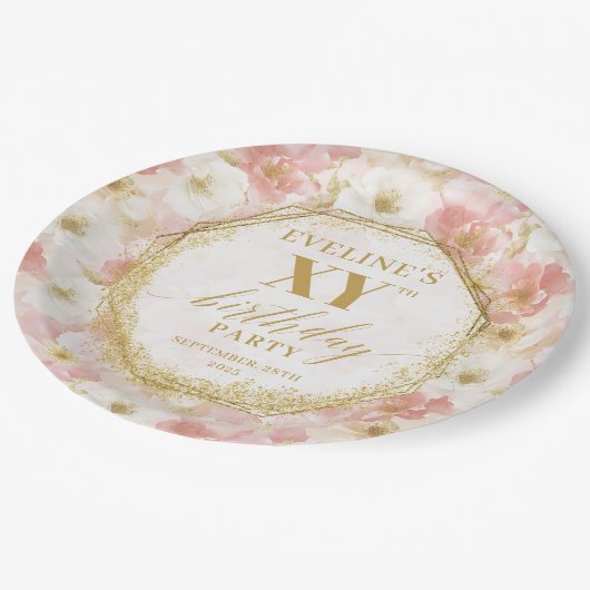 フローラエレガントダスティピンク誕生日紙プレート ペーパープレート (アングル)