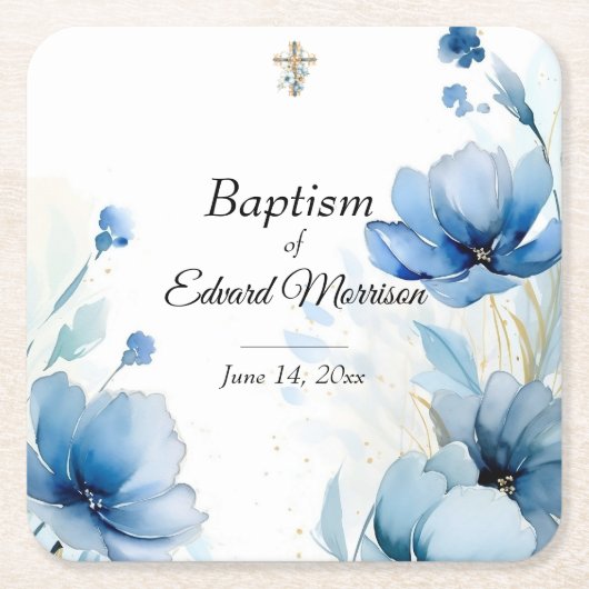 フローラエレガントダスティブルーバプテスマ スクエアペーパーコースター (正面)