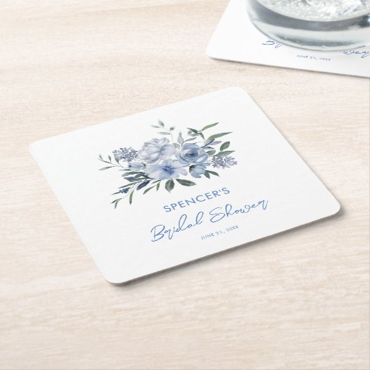 フローラエレガントダスティブルーブライダルシャワー スクエアペーパーコースター (アングル)