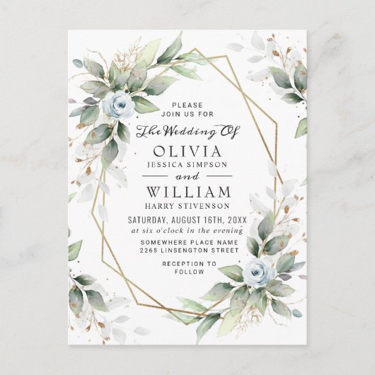 フローラエレガントダスティブルー結婚式招待状カード ポストカード (正面)