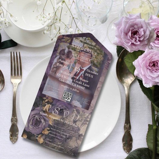 フローラエレガントダークプラムパープルバラ写真QRコード オールインワン招待状