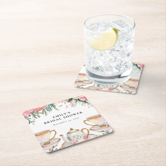 フローラエレガントティーパーティーブライダルシャワー スクエアペーパーコースター (インサイチュ)