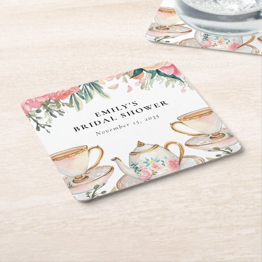 フローラエレガントティーパーティーブライダルシャワー スクエアペーパーコースター (アングル)