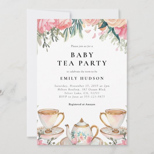 フローラエレガントティーパーティーベビーシャワー招待状 招待状 (正面)