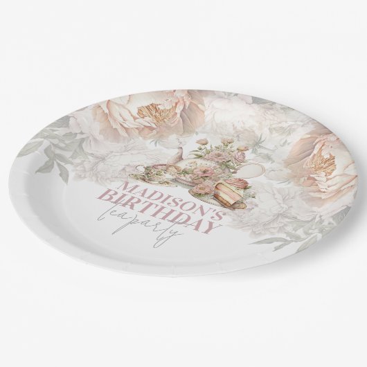 フローラエレガントティーパーティー誕生日 ペーパープレート (アングル)