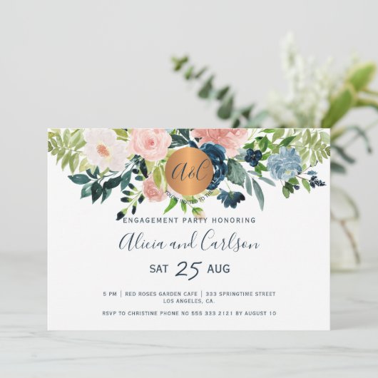 フローラエレガントネイビーブルーモノグラム婚約パーティ 招待状 (スタンド正面)