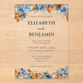 フローラエレガントネイビーラストダークテラコタ結婚ズ アクリル招待状 (正面)