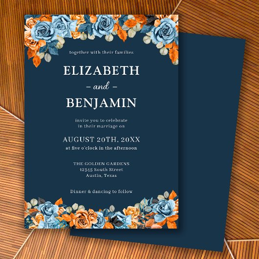 フローラエレガントネイビーラストダークテラコタ結婚ズ 招待状