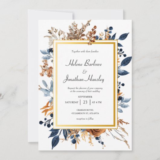 フローラエレガントネイビ素朴ーブルーテラコッタ結婚ズ 招待状 (正面)