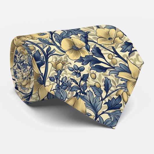 フローラエレガントネックタイ – 青と黄色のヴィンテージ ネクタイ (ロール)