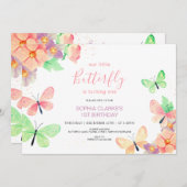 フローラエレガントバタフカスタムァイ写真第1誕生日 招待状 (正面/裏面)