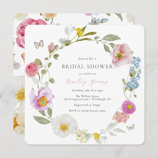 フローラエレガントバタフライブライダルシャワー招待 招待状 (正面/裏面)