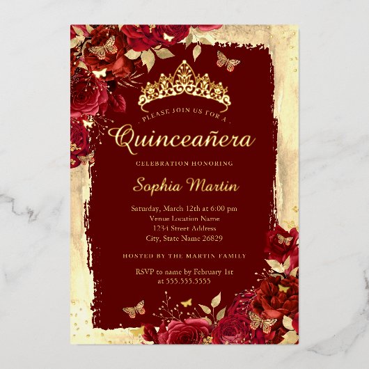 フローラエレガントバタフライレッド金ゴールドキンセアニェラ 箔招待状 (正面)