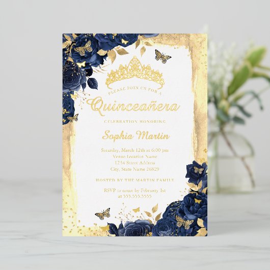 フローラエレガントバタフライ金ゴールドネイビーキンセアニェラ 箔招待状 (立ち正面)