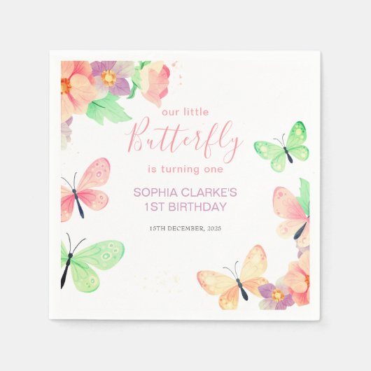 フローラエレガントバタフライ1st誕生日紙 スタンダードカクテルナプキン (正面)