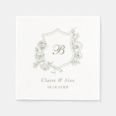 フローラエレガントバラクレストセージグリーンモノグラム スタンダードカクテルナプキン (正面)