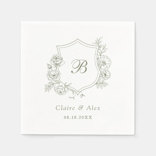 フローラエレガントバラクレストセージグリーンモノグラム スタンダードカクテルナプキン (正面)