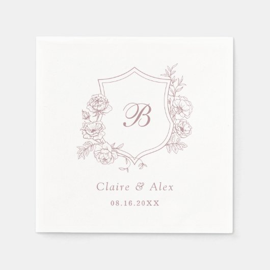 フローラエレガントバラクレストダスティピンクモノグラム スタンダードカクテルナプキン (正面)