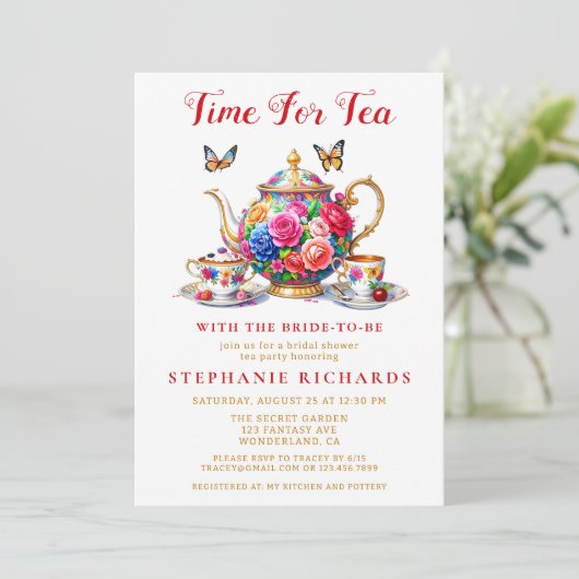 フローラエレガントバラティーポットティーパーティーブライダルシャワー 招待状 (スタンド正面)