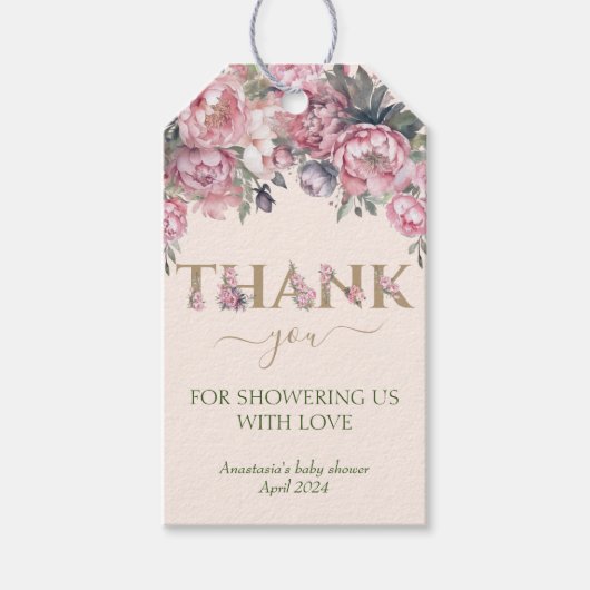 フローラエレガントバラピンク赤ちゃんシャワーありがとう ギフトタグ (正面)