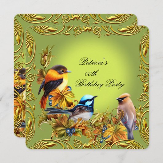 フローラエレガントバードグリーン金ゴールド誕生日パーティー 招待状 (正面/裏面)