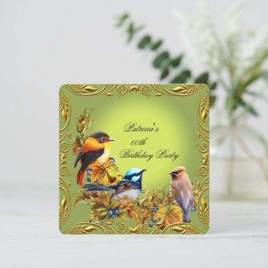 フローラエレガントバードグリーン金ゴールド誕生日パーティー 招待状 (スタンド正面)