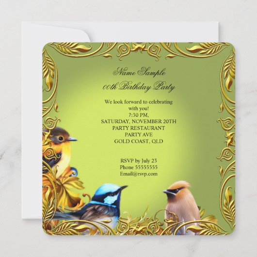 フローラエレガントバードグリーン金ゴールド誕生日パーティー 招待状 (裏面)