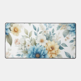 フローラエレガントパステルブルーとイエローオンホワイト デスクマット