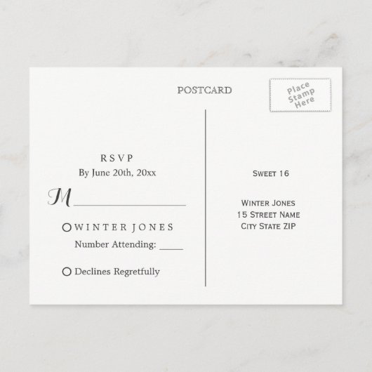 フローラエレガントパープルウィンタースウィート16 RSVP インビテーションポストカード (裏面)