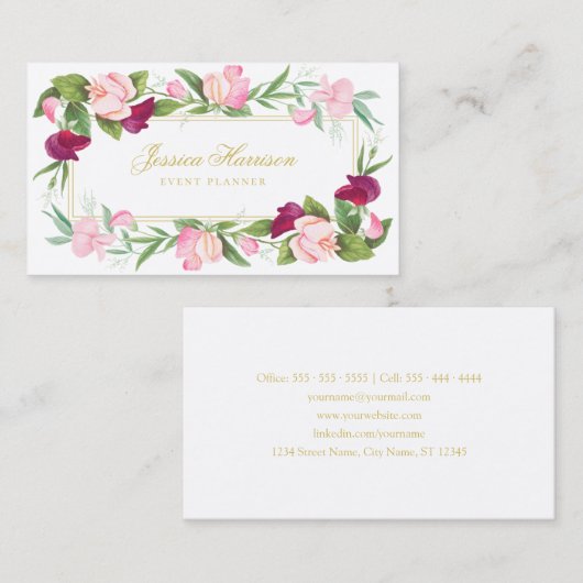 フローラエレガントパープルピンクスイートピーヴィンテージ 名刺 (正面/裏面)
