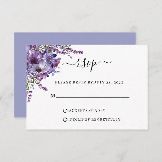 フローラエレガントパープルラベンダープー結婚ニー 出欠カード (正面/裏面)