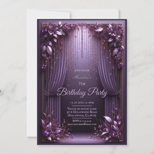 フローラエレガントパープル誕生日パーティーへの招待 招待状 (正面)