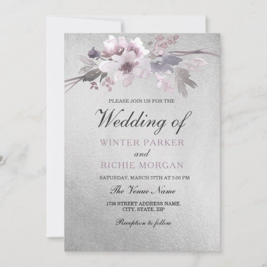 フローラエレガントパープル銀結婚箔 招待状 (正面)