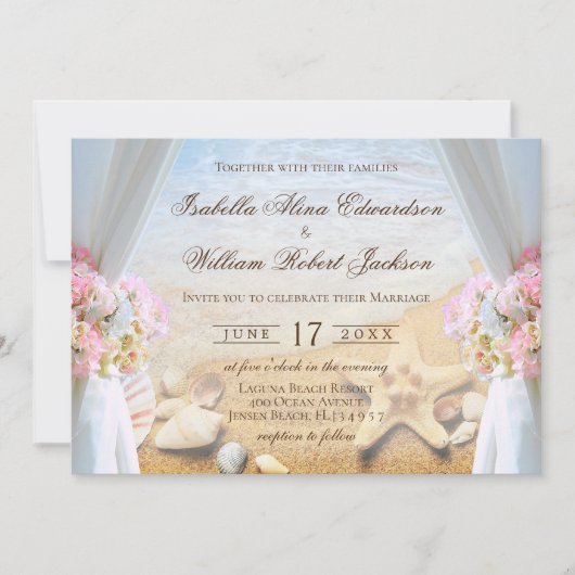 フローラエレガントヒトデ熱帯ビーチ結婚式 招待状 (正面)