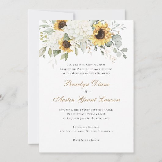フローラエレガントヒマワリ白あじさい結婚の 招待状 (正面)