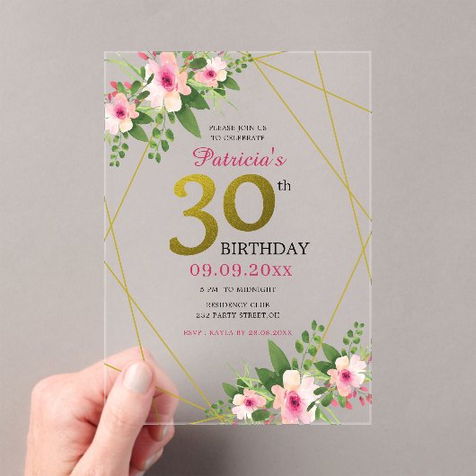 フローラエレガントピンクと金ゴールド30歳の誕生日 アクリル招待状 (インサイチュ (ポータブル))