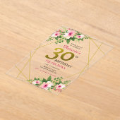 フローラエレガントピンクと金ゴールド30歳の誕生日 アクリル招待状 (レイダウン)