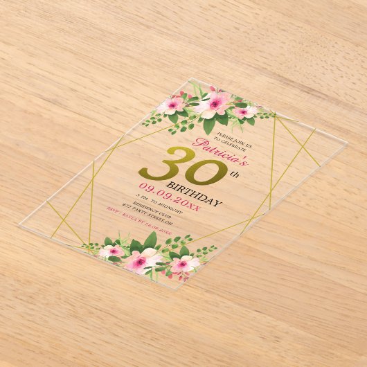 フローラエレガントピンクと金ゴールド30歳の誕生日 アクリル招待状 (レイダウン)