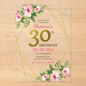 フローラエレガントピンクと金ゴールド30歳の誕生日 アクリル招待状 (正面)