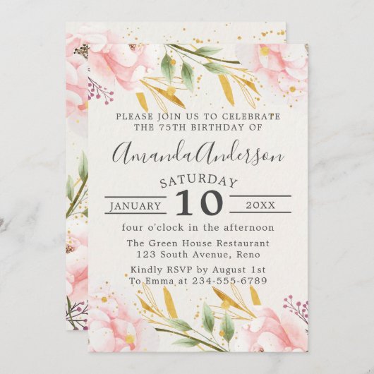 フローラエレガントピンクと金ゴールド75誕生日 招待状 (正面/裏面)
