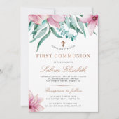 フローラエレガントピンクの聖なる最初の聖餐会 招待状 (正面)