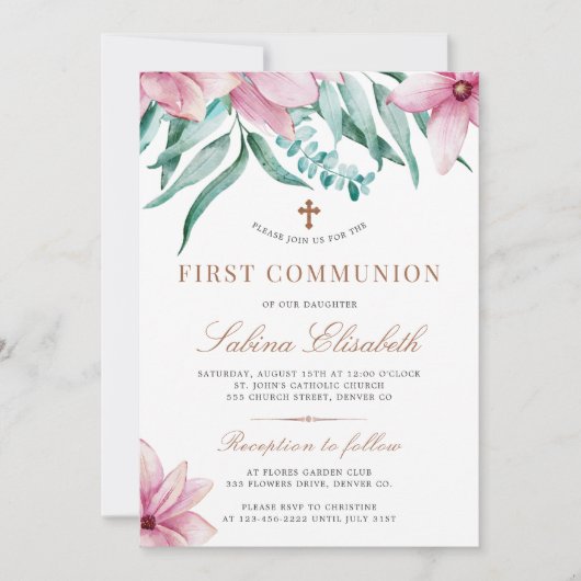 フローラエレガントピンクの聖なる最初の聖餐会 招待状 (正面)