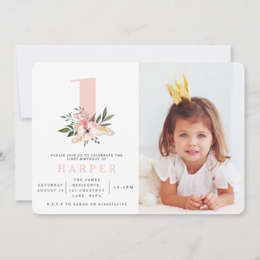 フローラエレガントピンクの誕生日パーティー 招待状 (正面)