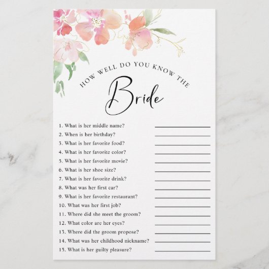 フローラエレガントピンクウォーター色ブライダルシャワーゲーム (正面)