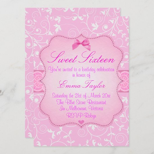 フローラエレガントピンクスウィート16誕生日招待状 招待状 (正面/裏面)