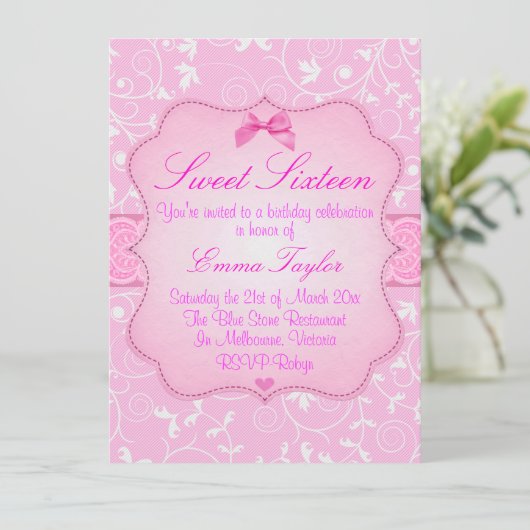 フローラエレガントピンクスウィート16誕生日招待状 招待状 (スタンド正面)