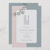 フローラエレガントピンクダスティブルーウェディング招待 招待状 (正面/裏面)