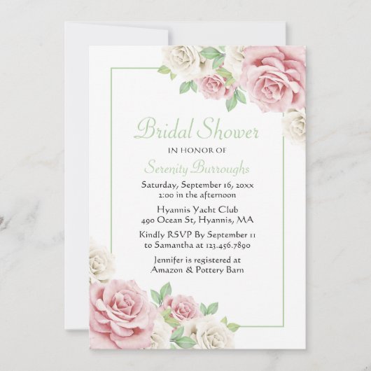 フローラエレガントピンクホワイトローズブライダルシャワー 招待状 (正面)