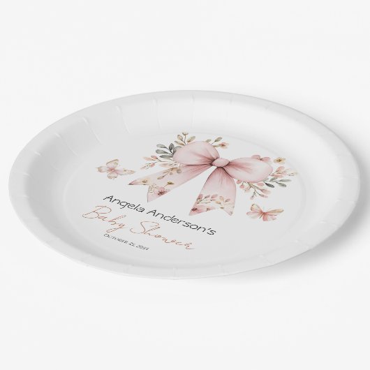 フローラエレガントピンクボウガール赤ちゃんシャワー ペーパープレート (アングル)