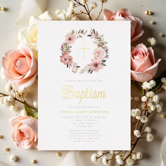 フローラエレガントピンクリースガールバプテスマ 箔招待状
